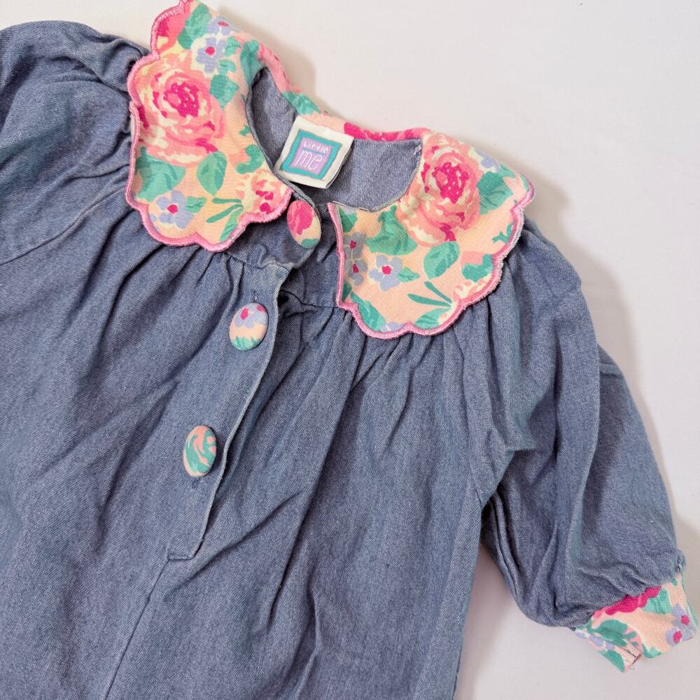 Vintage 90s Little Me Floral Trim / Peter Pan Collar Grandmacore Chambray Romper